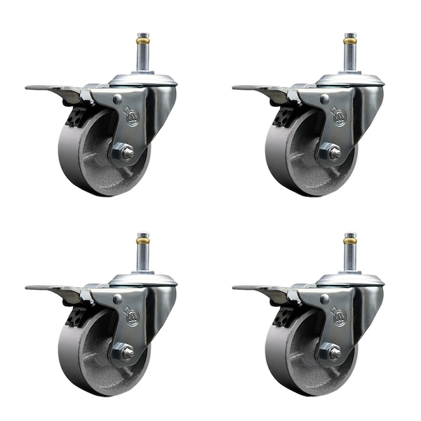 Semi Steel Swvl Grip Ring Caster Set 4 w/4'' Wheel&7/16'' Stem-4 Swvl w/TTL BRK, 4PK